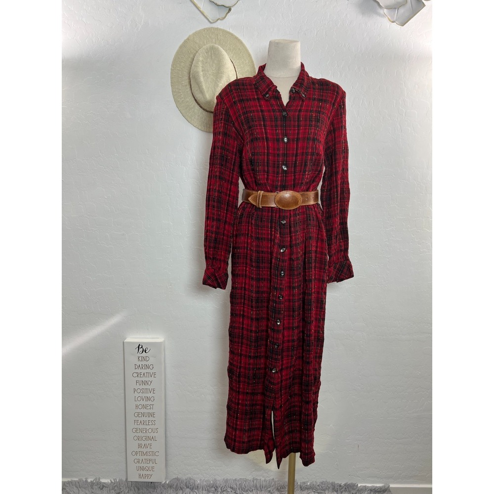 VTG  EXPO plaid long dress size 14W buttons red black casual western made USA